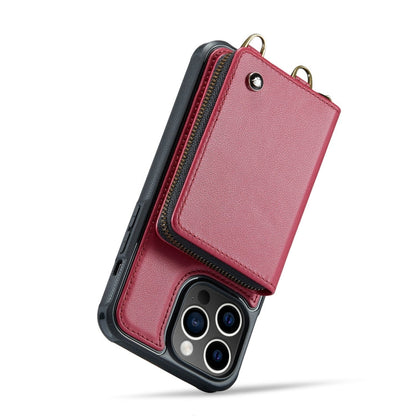 For iPhone 14 Pro JEEHOOD C22 Series Zipper Wallet Phone Case with Long and Short Lanyard(Red)