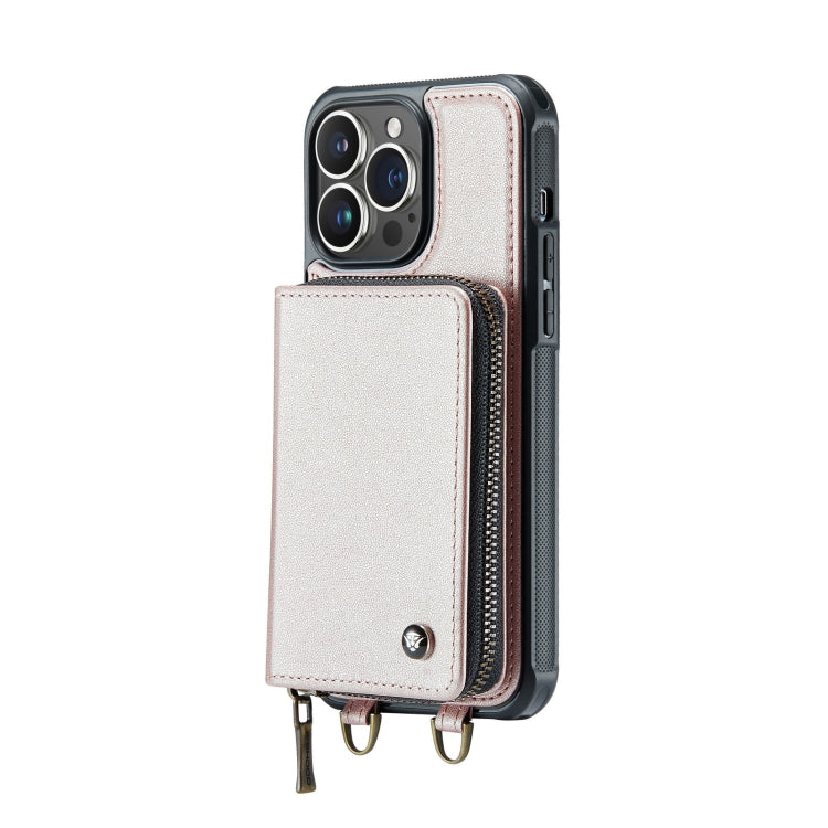For iPhone 14 Pro JEEHOOD C22 Series Zipper Wallet Phone Case with Long and Short Lanyard(Rose Gold)