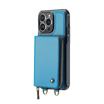 For iPhone 14 Pro Max JEEHOOD C22 Series Zipper Wallet Phone Case with Long and Short Lanyard(Blue)