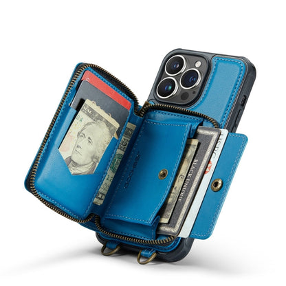 For iPhone 14 Pro Max JEEHOOD C22 Series Zipper Wallet Phone Case with Long and Short Lanyard(Blue)