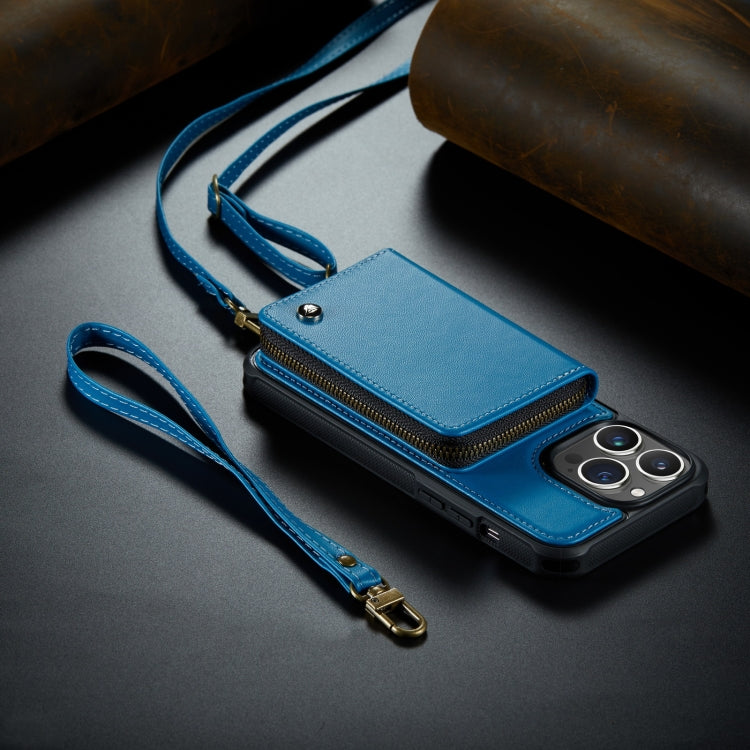 For iPhone 14 Pro Max JEEHOOD C22 Series Zipper Wallet Phone Case with Long and Short Lanyard(Blue)
