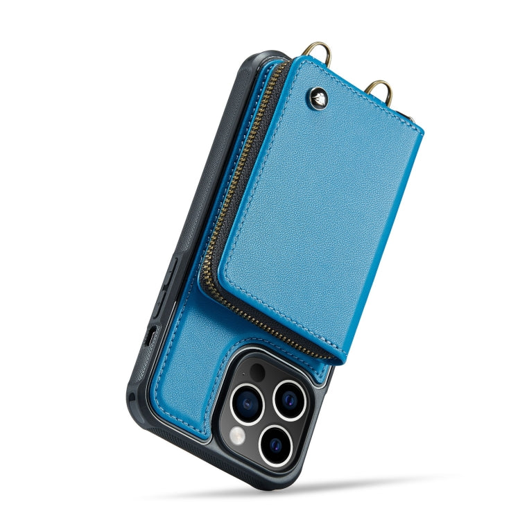 For iPhone 14 Pro Max JEEHOOD C22 Series Zipper Wallet Phone Case with Long and Short Lanyard(Blue)