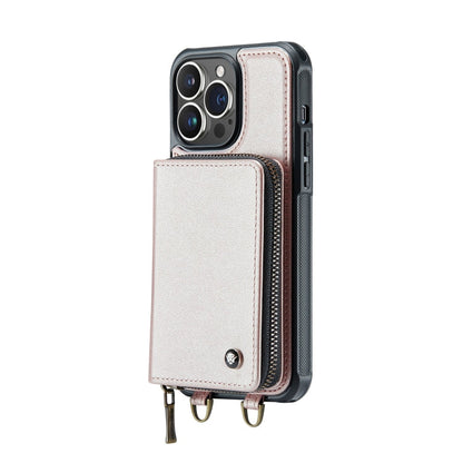 For iPhone 14 Pro Max JEEHOOD C22 Series Zipper Wallet Phone Case with Long and Short Lanyard(Rose Gold)