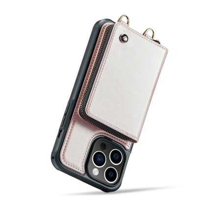For iPhone 14 Pro Max JEEHOOD C22 Series Zipper Wallet Phone Case with Long and Short Lanyard(Rose Gold)