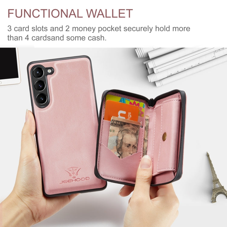 Pour Samsung Galaxy S24 5G Étui de téléphone en cuir à rabat horizontal avec fermeture éclair magnétique JEEHOOD (rose)