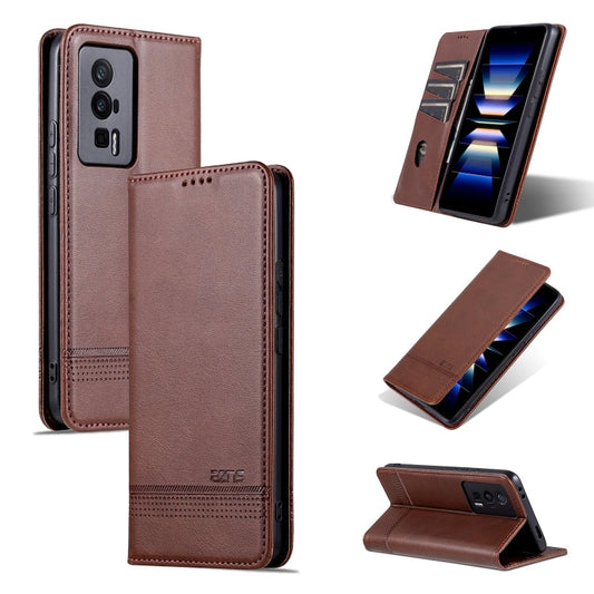 Pour Xiaomi Redmi K60 / K60 Pro Étui de téléphone en cuir rabattable à texture de veau magnétique AZNS (marron foncé)