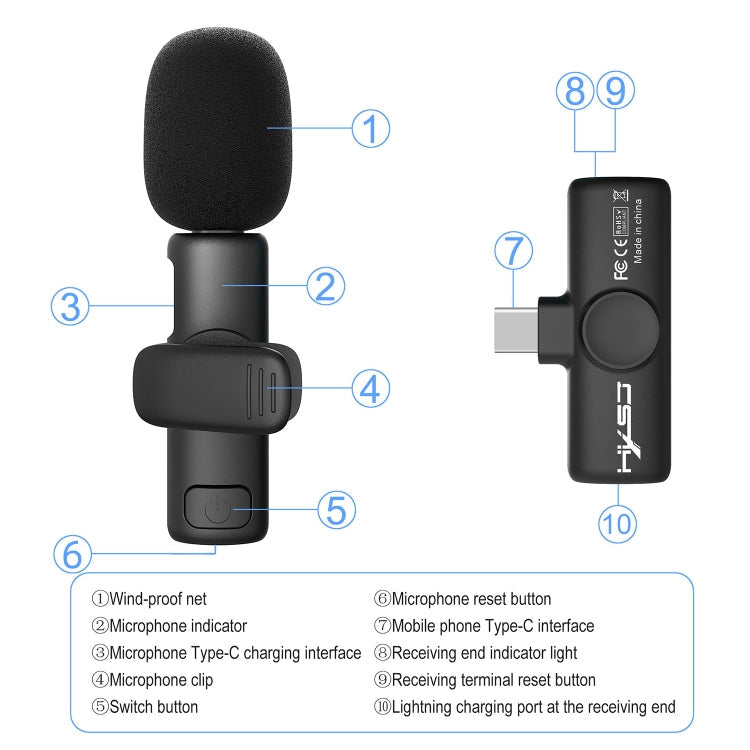 HXSJ F18 Microphone Lavalier Sans Fil 2.4G USB-C/Type-C avec Réduction du Bruit (Noir)