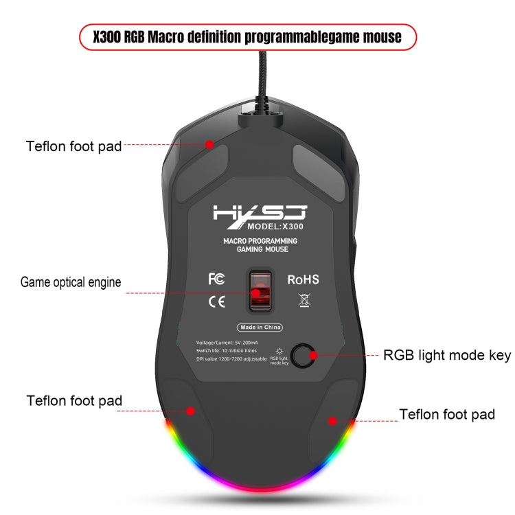 HXSJ X300 7200DPI RGB Backlight Interchangeable Back Cover Hole Gaming Wired Mouse(Black)