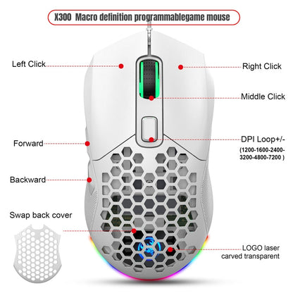 HXSJ X300 7200DPI RGB Backlight Interchangeable Back Cover Hole Gaming Wired Mouse(White)