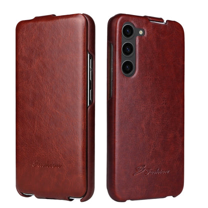 For Samsung Galaxy S23 5G Fierre Shann 64 Texture Vertical Flip PU Leather Phone Case(Brown)