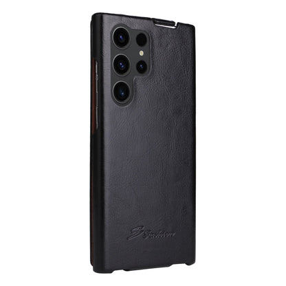 For Samsung Galaxy S23 Ultra 5G Fierre Shann 64 Texture Vertical Flip PU Leather Phone Case(Black)