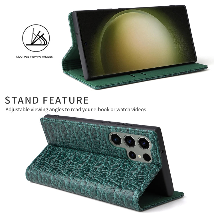 For Samsung Galaxy S23 Ultra 5G Fierre Shann Crocodile Texture Magnetic Genuine Leather Phone Case(Green)