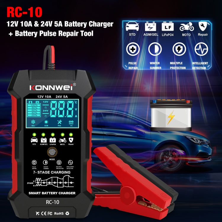 KONNWEI RC-10 Chargeur de batterie de voiture 2 pouces Outil de réparation d'impulsions de batterie, Type de prise : Prise RU