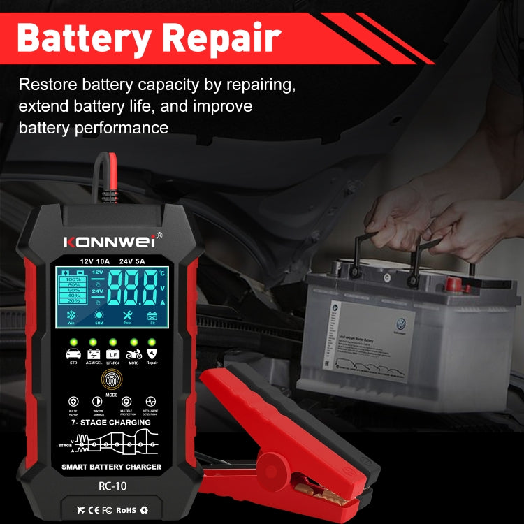 KONNWEI RC-10 Chargeur de batterie de voiture 2 pouces Outil de réparation d'impulsions de batterie, Type de prise : Prise RU