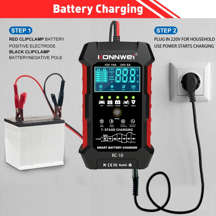 KONNWEI RC-10 Chargeur de batterie de voiture 2 pouces Outil de réparation d'impulsions de batterie, Type de prise : Prise RU