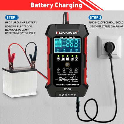 KONNWEI RC-10 Chargeur de batterie de voiture 2 pouces Outil de réparation d'impulsions de batterie, Type de prise : Prise RU