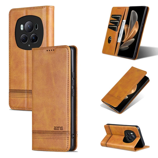 Pour l'étui de téléphone en cuir à rabat texturé veau magnétique Honor Magic6 Pro AZNS (Marron clair)