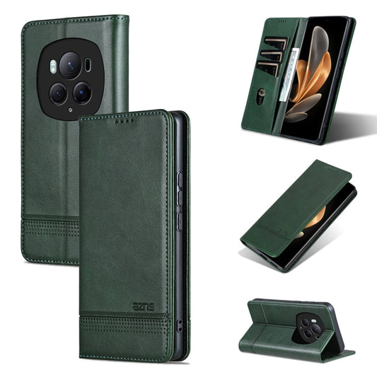 Pour étui de téléphone en cuir rabattable à texture de veau magnétique AZNS pour Honor Magic6 Pro (vert foncé)