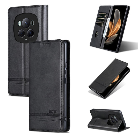 Pour le Honor Magic6 Pro AZNS Étui de téléphone en cuir à rabat magnétique texturé en veau (noir)