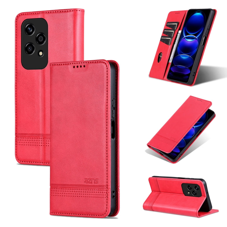 Coque de téléphone à rabat en cuir texturé de veau magnétique AZNS pour Honor 200 Lite (Rouge)