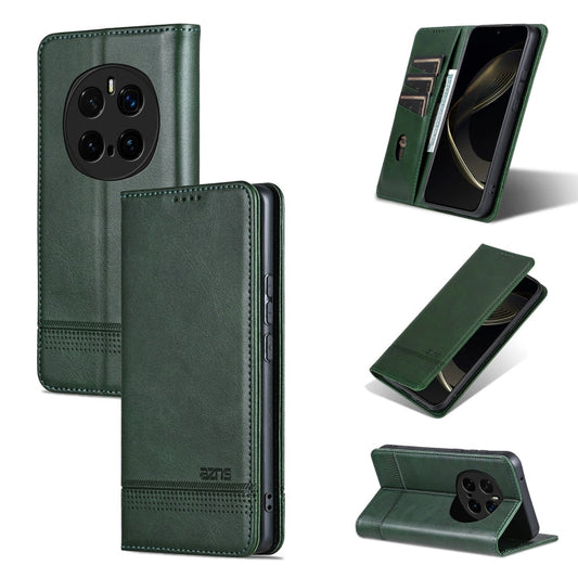 Pour Honor Magic7 Pro Étui de téléphone en cuir à rabat texturé veau magnétique AZNS (Vert foncé)