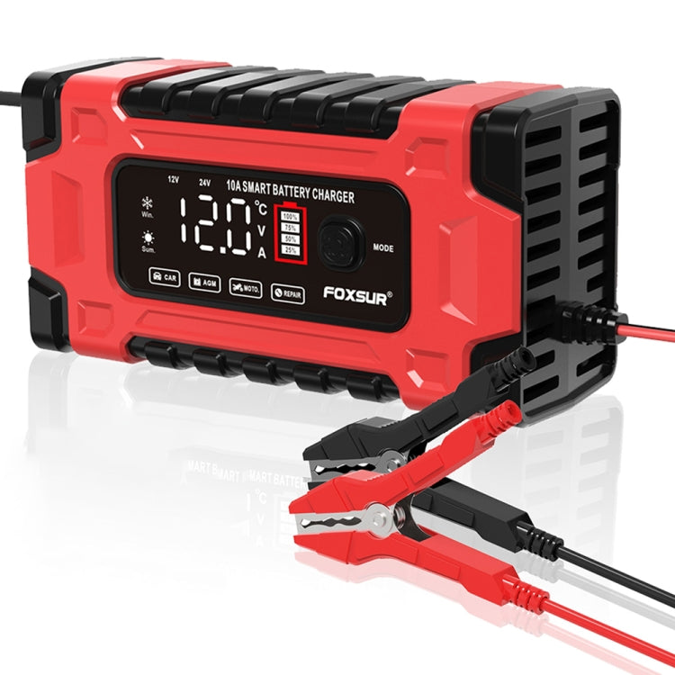 Chargeur de batterie de voiture/moto FOXSUR 12V / 24V / 10A, intelligent, pour batterie au plomb, Type de prise: Prise UE