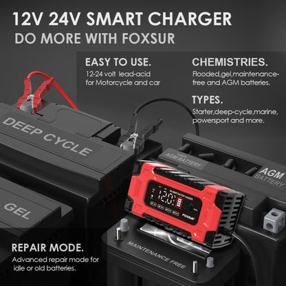 FOXSUR 12V / 24V / 10A Car / Motorcycle Battery Smart Repair Lead-acid Battery Charger, Plug Type:US Plug