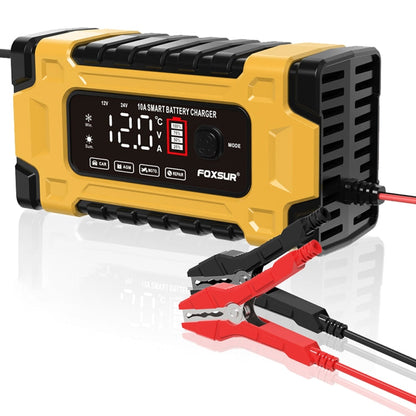 Chargeur de batterie de voiture / moto FOXSUR 12V / 24V / 10A intelligent pour réparation de batteries au plomb (prise UE jaune)