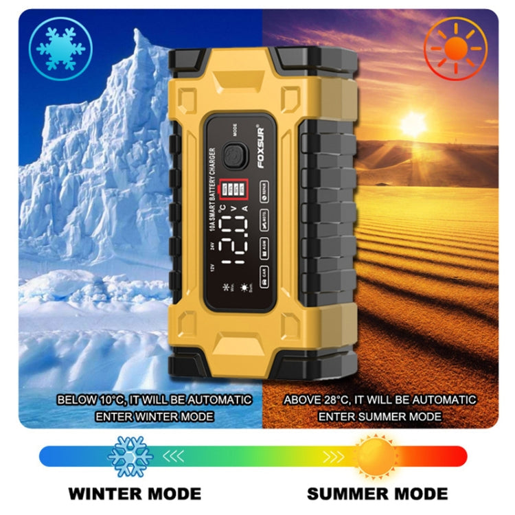 Chargeur de batterie de voiture / moto FOXSUR 12V / 24V / 10A intelligent pour réparation de batteries au plomb (prise UE jaune)
