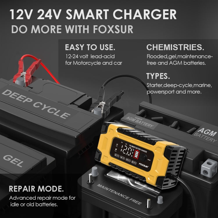 Chargeur de batterie intelligent FOXSUR 12 V / 24 V / 10 A pour voiture / moto, réparation de batterie au plomb (prise britannique, jaune)
