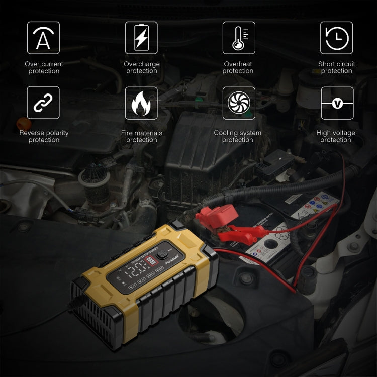 Chargeur de batterie intelligent FOXSUR 12 V / 24 V / 10 A pour voiture / moto, réparation de batterie au plomb (prise britannique, jaune)