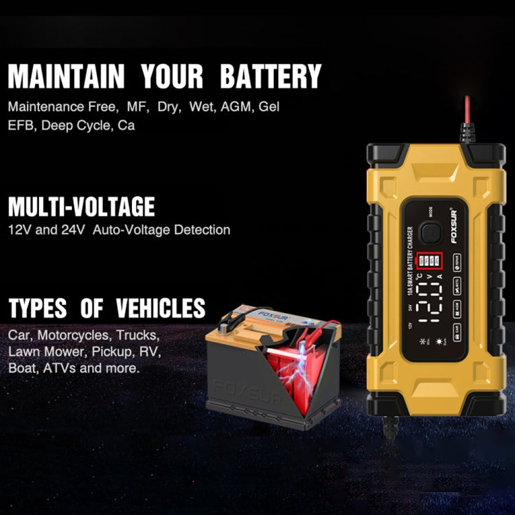 Chargeur de batterie de voiture / moto FOXSUR 12V / 24V / 10A intelligent pour réparation de batteries au plomb (prise UE jaune)