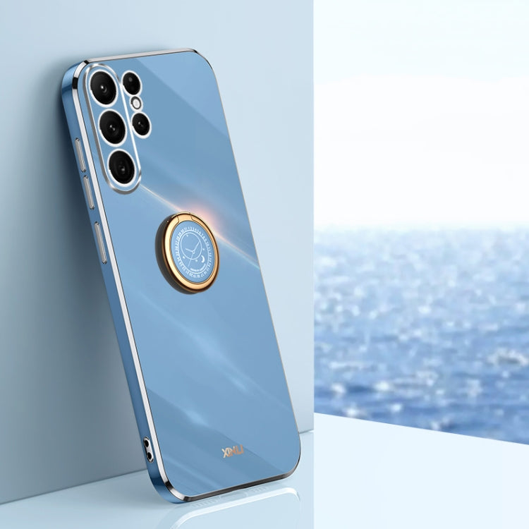 Pour Samsung Galaxy S24 Ultra 5G XINLI Étui de téléphone en TPU à bord droit 6D avec galvanoplastie et anneau support (Bleu Céleste)