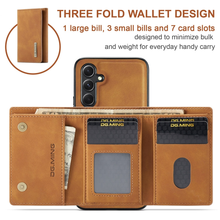 Pour Samsung Galaxy A35 5G DG.MING Série M1 Étui Portefeuille à Trois Volets Multi-Cartes + Coque de Téléphone Magnétique (Marron)
