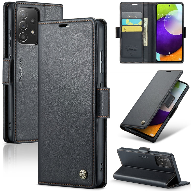 Pour Samsung Galaxy A52/A52s 5G Étui de téléphone en cuir anti-vol RFID texturé Litchi avec boucle papillon CaseMe 023 (Noir)