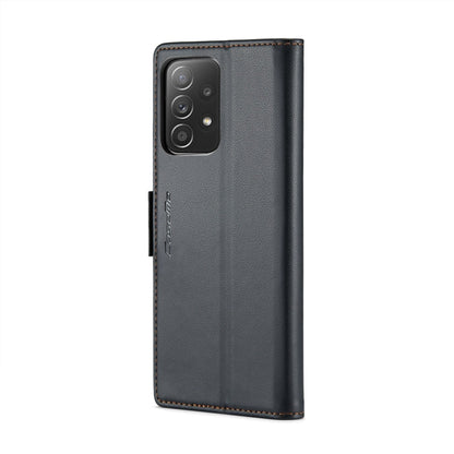 Pour Samsung Galaxy A52/A52s 5G Étui de téléphone en cuir anti-vol RFID texturé Litchi avec boucle papillon CaseMe 023 (Noir)