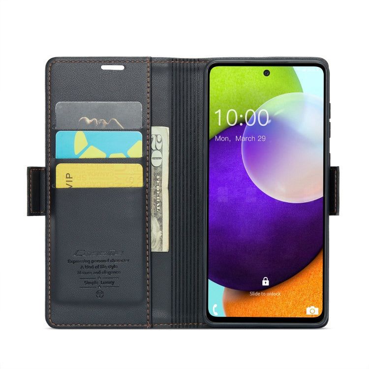 Pour Samsung Galaxy A52/A52s 5G Étui de téléphone en cuir anti-vol RFID texturé Litchi avec boucle papillon CaseMe 023 (Noir)