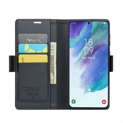 For Samsung Galaxy S21 FE 5G CaseMe 023 Butterfly Buckle Litchi Texture RFID Anti-theft Leather Phone Case(Black)