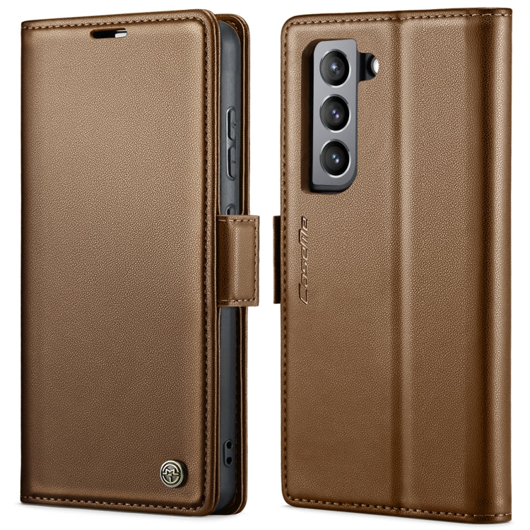 Pour Samsung Galaxy S21 FE 5G Étui Caseme 023 Boucle Papillon Texture Litchi RFID Anti-vol Étui de Téléphone en Cuir (Marron)