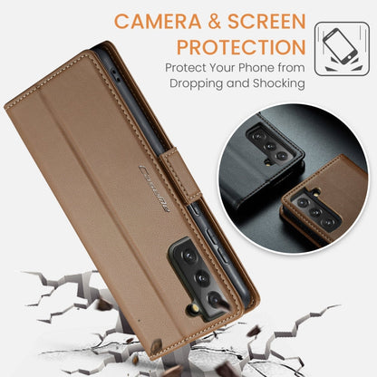 Pour Samsung Galaxy S21 FE 5G Étui Caseme 023 Boucle Papillon Texture Litchi RFID Anti-vol Étui de Téléphone en Cuir (Marron)