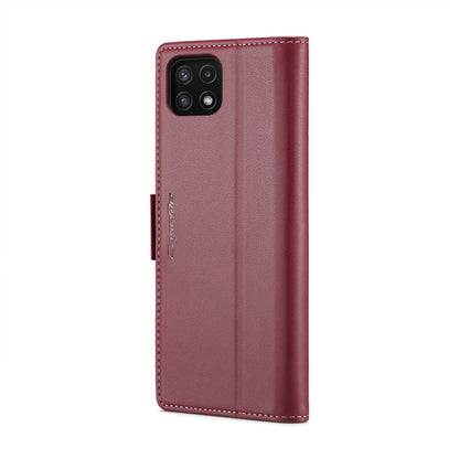 For Samsung Galaxy A22 5G CaseMe 023 Butterfly Buckle Litchi Texture RFID Anti-theft Leather Phone Case(Wine Red)