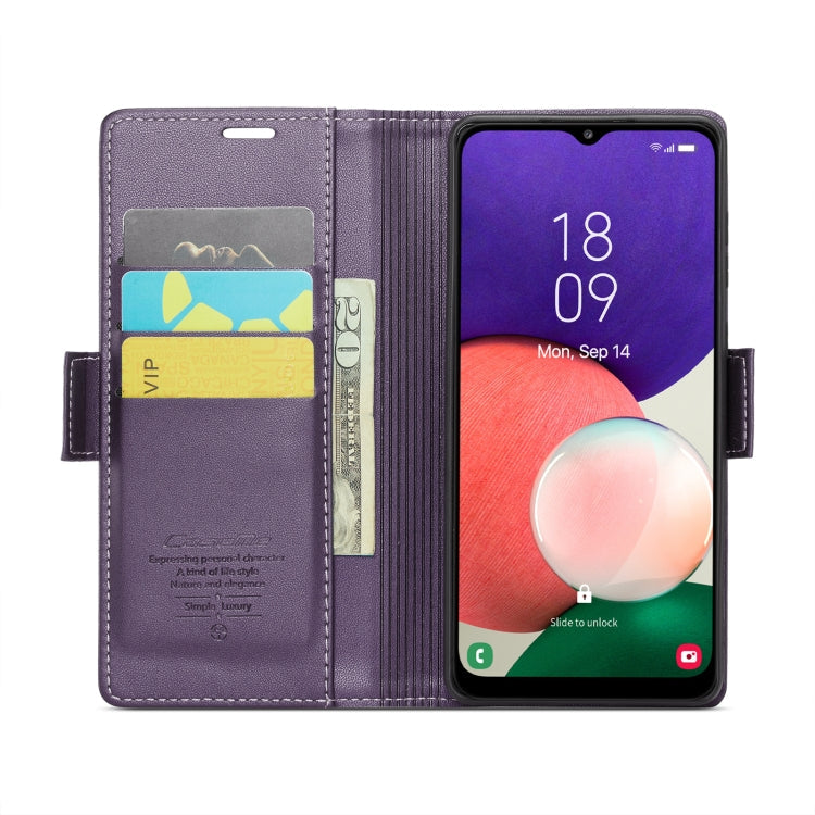 For Samsung Galaxy A22 5G CaseMe 023 Butterfly Buckle Litchi Texture RFID Anti-theft Leather Phone Case(Pearly Purple)