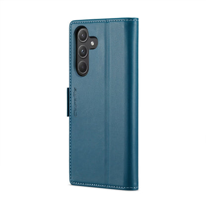 Pour Samsung Galaxy A55 Étui de Téléphone en Cuir Anti-vol RFID Texturé Litchi avec Boucle Papillon Caseme 023 (Bleu)