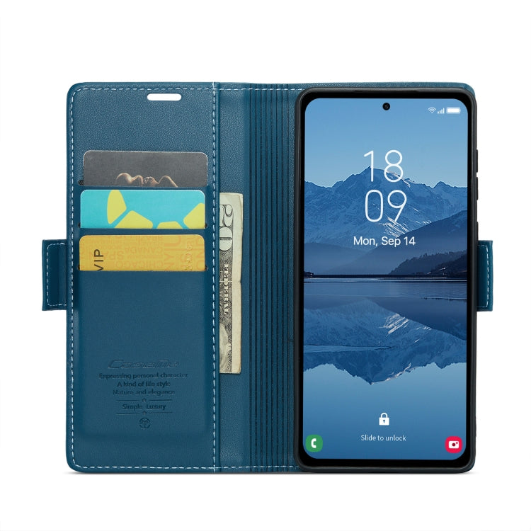 Pour Samsung Galaxy A55 Étui de Téléphone en Cuir Anti-vol RFID Texturé Litchi avec Boucle Papillon Caseme 023 (Bleu)