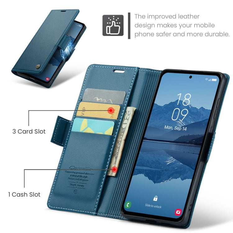 Pour Samsung Galaxy A55 Étui de Téléphone en Cuir Anti-vol RFID Texturé Litchi avec Boucle Papillon Caseme 023 (Bleu)