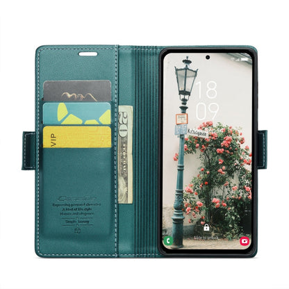 Pour Samsung Galaxy A55 Étui de téléphone en cuir anti-vol RFID texturé litchi avec boucle papillon CaseMe 023 (bleu nacré)