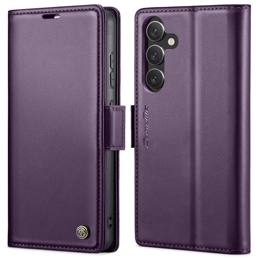 Pour Samsung Galaxy A55 Étui de téléphone en cuir avec boucle papillon et texture litchi, anti-RFID CaseMe 023 (Violet nacré)