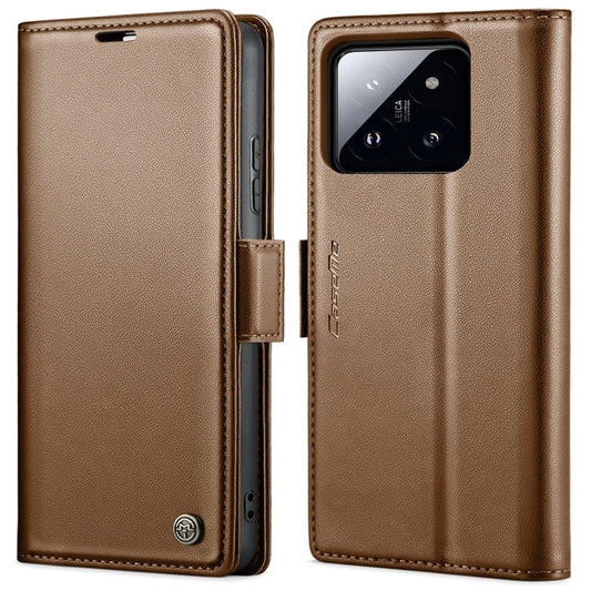 For Xiaomi 14 CaseMe 023 Butterfly Buckle Litchi Texture RFID Anti-theft Leather Phone Case(Brown)