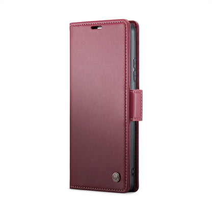 Pour Xiaomi 14 Étui de téléphone en cuir anti-vol RFID texturé litchi CaseMe 023 avec boucle papillon (rouge vin)