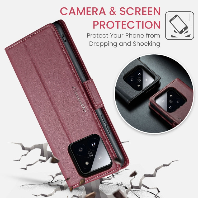 Pour Xiaomi 14 Étui de téléphone en cuir anti-vol RFID texturé litchi CaseMe 023 avec boucle papillon (rouge vin)
